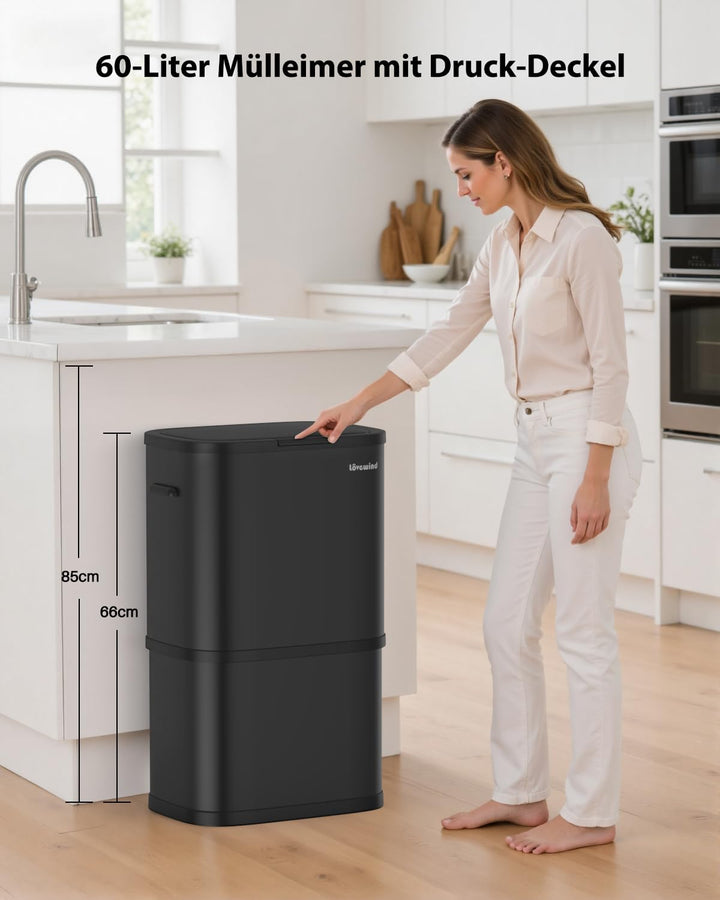 lovewind Mülleimer Küche 60L Edelstahl, Abfalleimer küche mit Deckel, Soft-Close Verschluss, Werkzeu