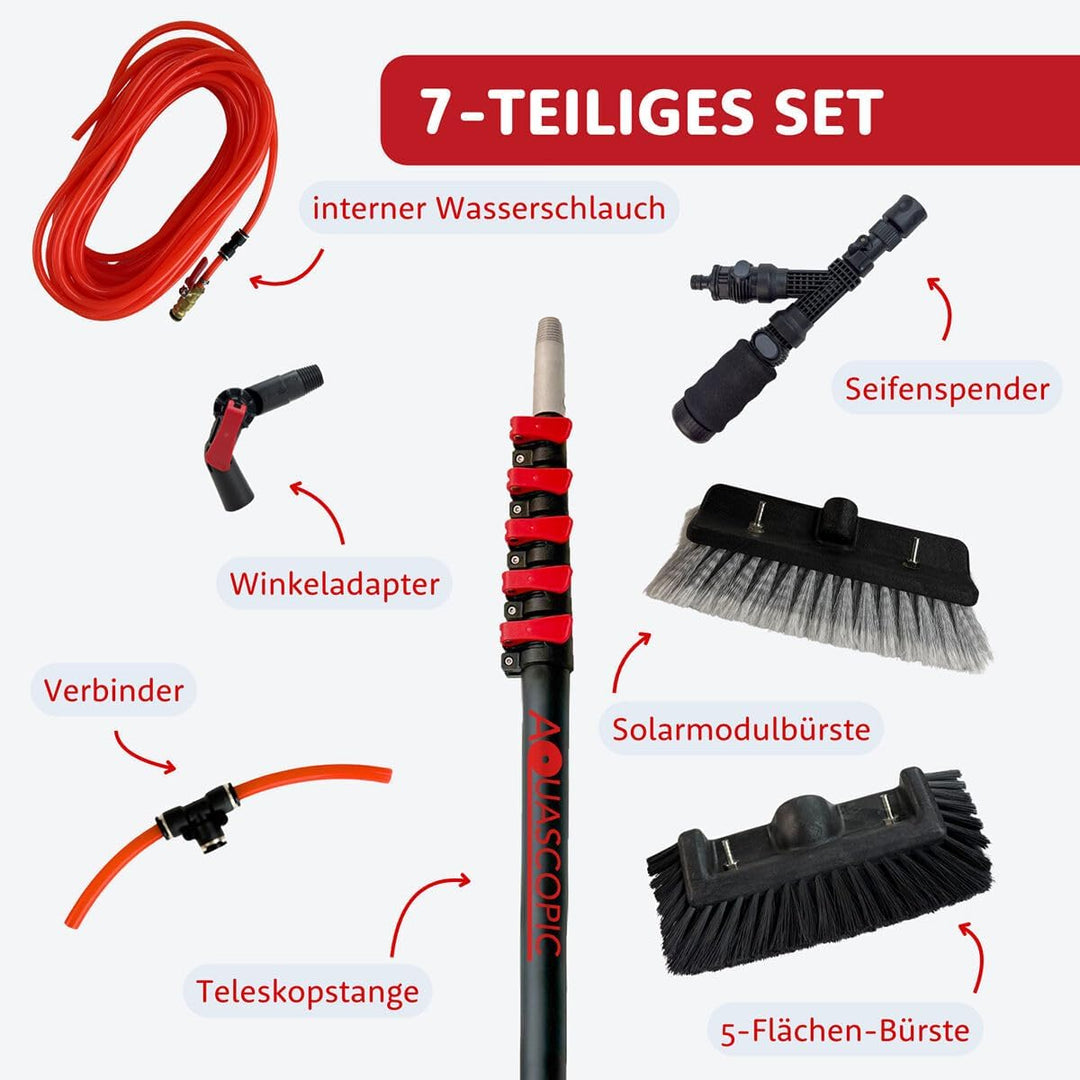 Aquascopic Aluminium Teleskopstange mit Solarpanel-Bürste & 5-Flächenbürste - Fensterputzer längenve