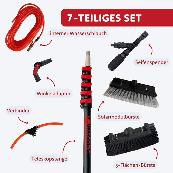 Aquascopic Aluminium Teleskopstange mit Solarpanel-Bürste & 5-Flächenbürste - Fensterputzer längenve