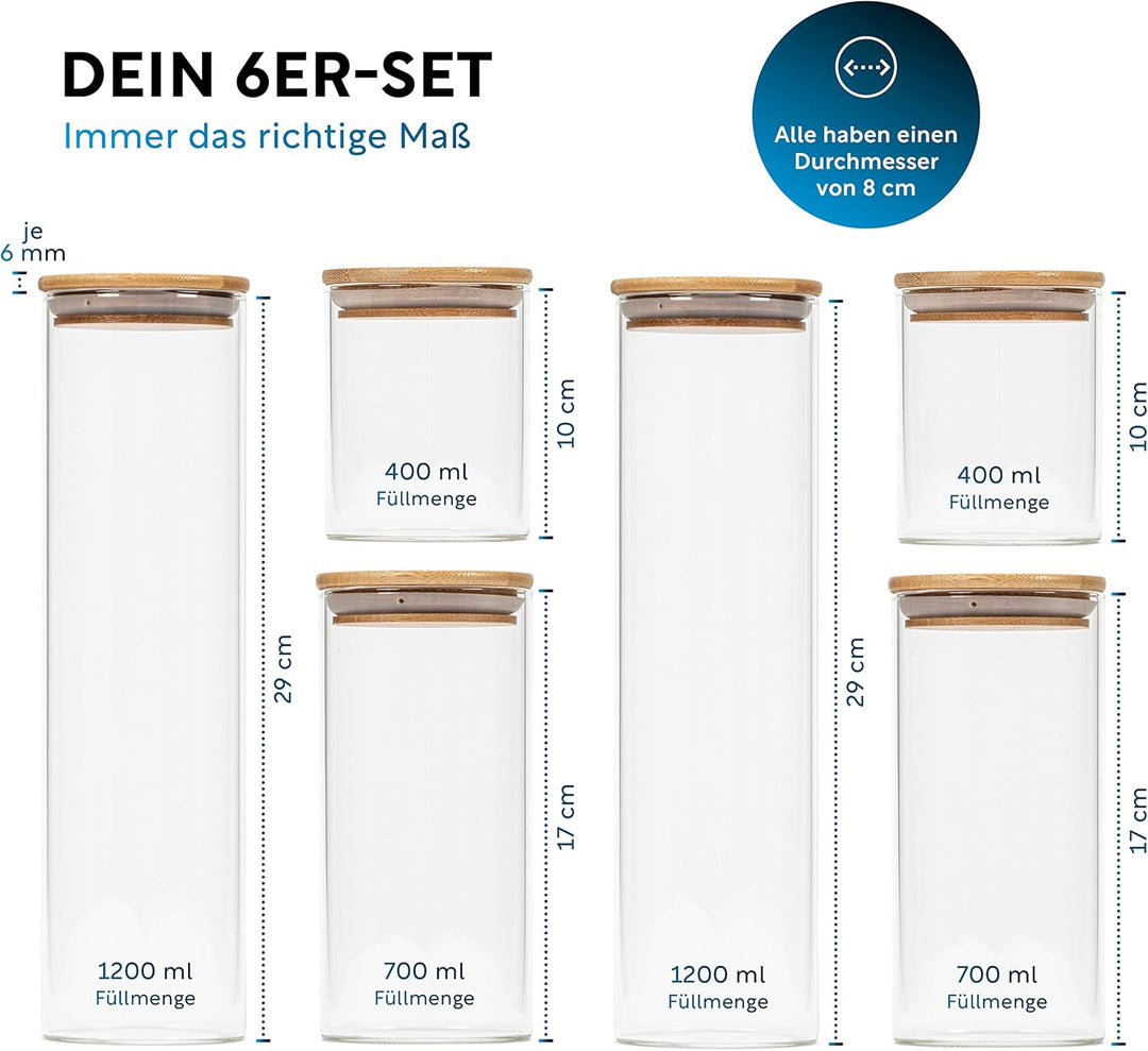 CLIDOR Vorratsgläser mit Deckel, Rund - 6er Set - 4,6L Vol., Erhöhte Glasstärke, Vorratsdosen mit De