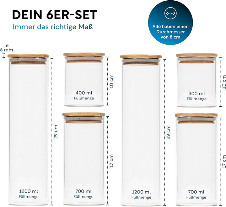 CLIDOR Vorratsgläser mit Deckel, Rund - 6er Set - 4,6L Vol., Erhöhte Glasstärke, Vorratsdosen mit De