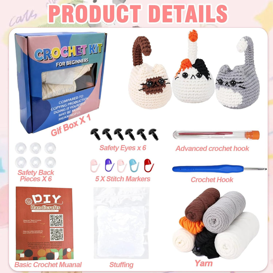 Yunlaishaocer Häkelset für Anfänger,3 Stück Süsse Gehäkelte Katzen Crochet Set,Starter-Set mit Video