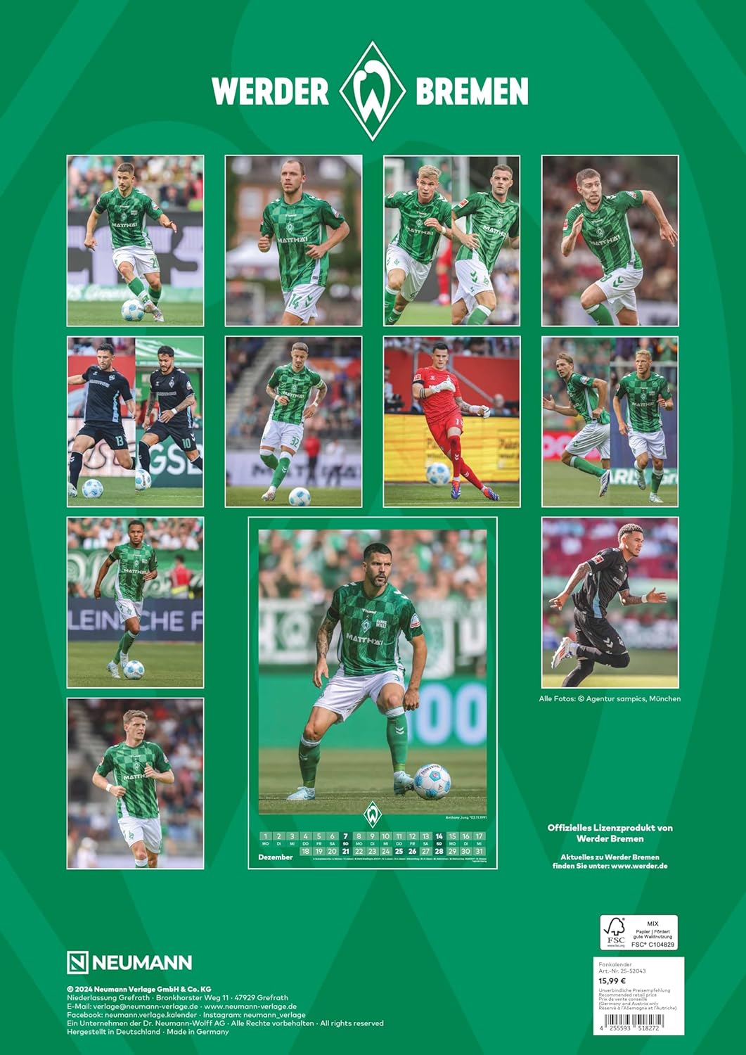 N NEUMANNVERLAGE - Werder Bremen 2025 Wandkalender, 29,7x42cm, Fussball-Kalender mit Motiven der Sta