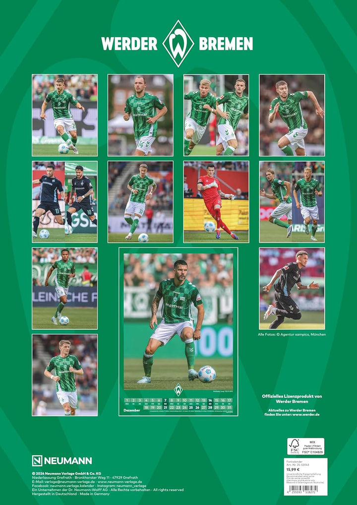 N NEUMANNVERLAGE - Werder Bremen 2025 Wandkalender, 29,7x42cm, Fussball-Kalender mit Motiven der Sta
