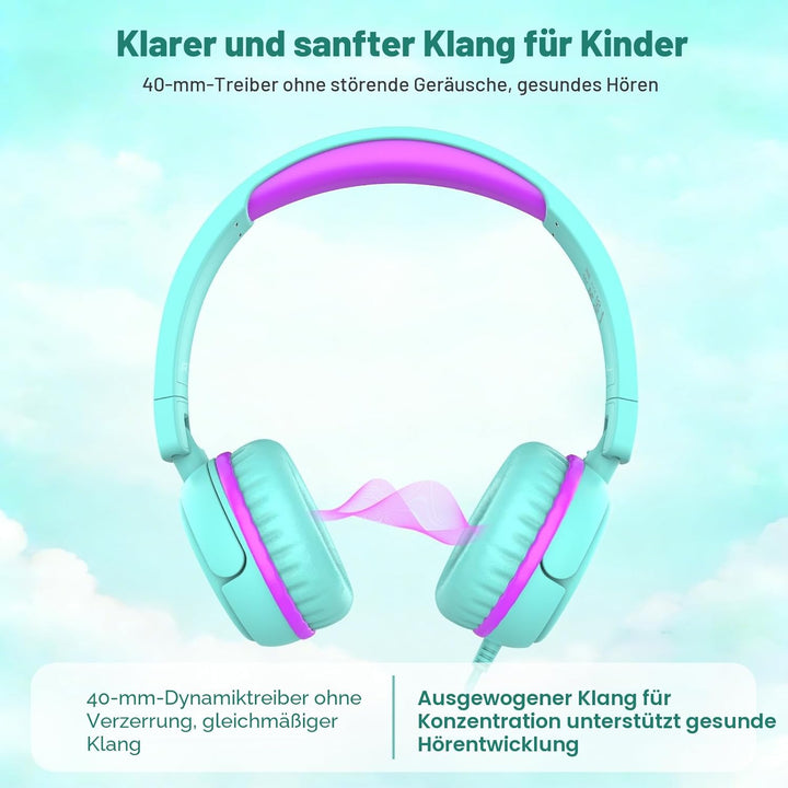 Kinder kopfhörer, Kopfhörer für Kinder mit Kabel, faltbar, Stereo Sound, Sichere Lautstärkebegrenzun