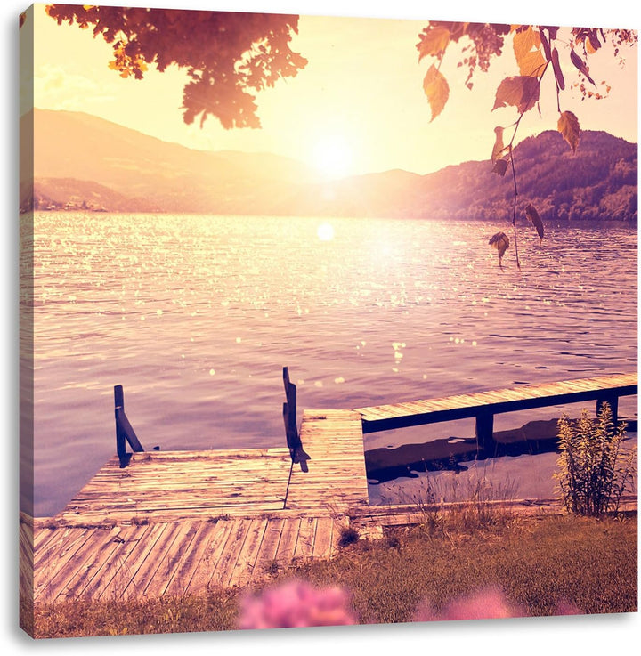 Pixxprint Steg im Sonnenuntergang Meer Urlaub, Format: 70x70 auf Leinwand, 70x70