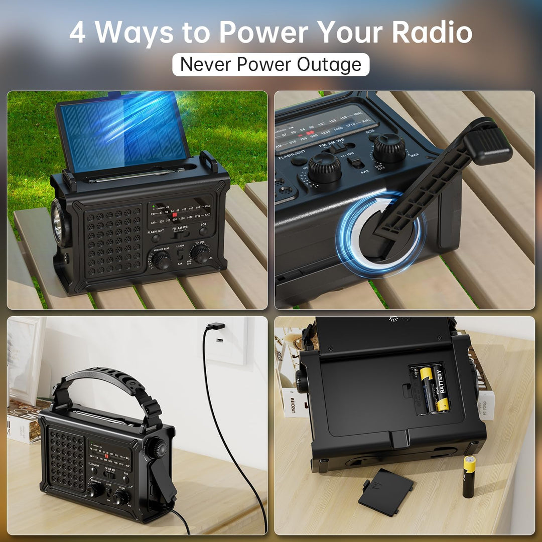 NOAA Notfall-Wetterradio, 12000 mAh/44400 mWh, tragbares AM/FM mit Solar/Handkurbel/USB-wiederauflad