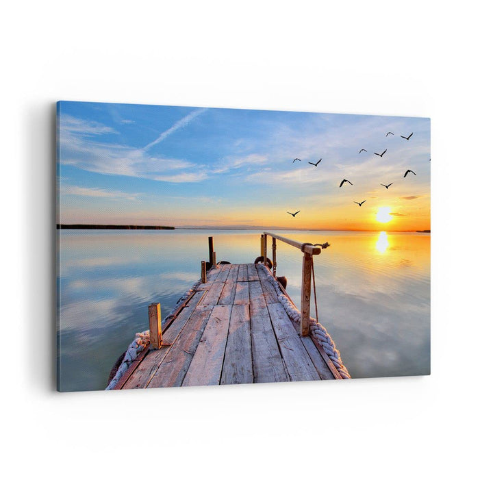 ARTTOR Bilder auf Leinwand 100x70cm Leinwandbild See Natur Brücke Vögel Gross Wanddeko Bild Schlafzi