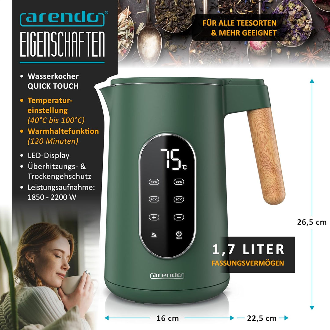 Arendo - Edelstahl Wasserkocher mit Temperatureinstellung 40-100°C - Doppelwand Design Cool Touch -