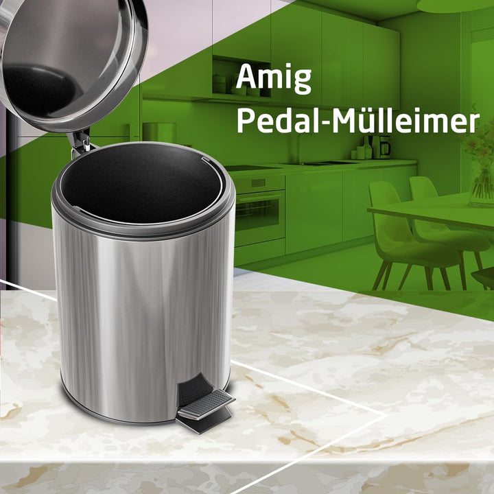 Amig - Mülleimer mit Pedal 12L - Edelstahl - Anti-Fingerabdruck-Behandlung - Öffnen mit Pedal - Inne