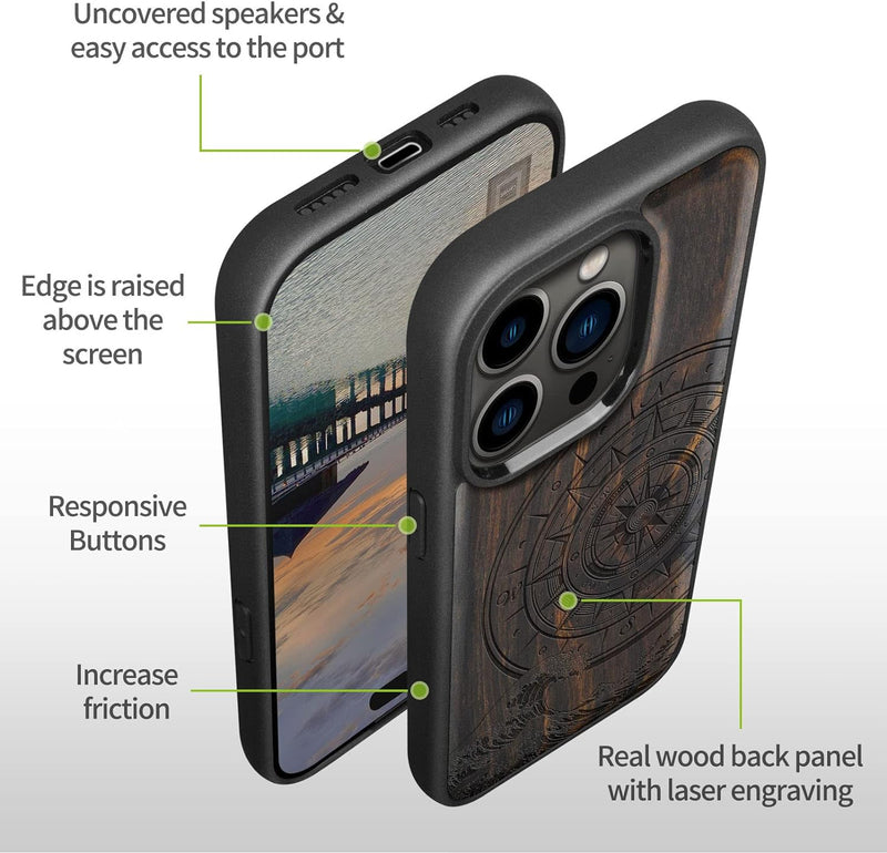 Carveit Handyhülle für iPhone 14 Pro Holz Cover kompatibel mit MagSafe Massivholz für Apple 14Pro St