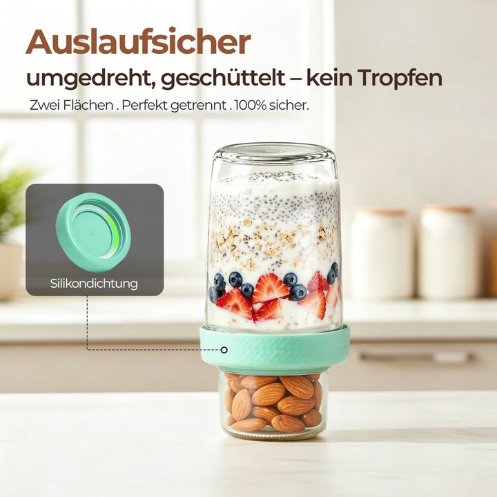ComSaf 2er Müslibecher to go, 480ml+120ml Overnight Oats Gläser, Joghurtbecher to go mit Doppelschic