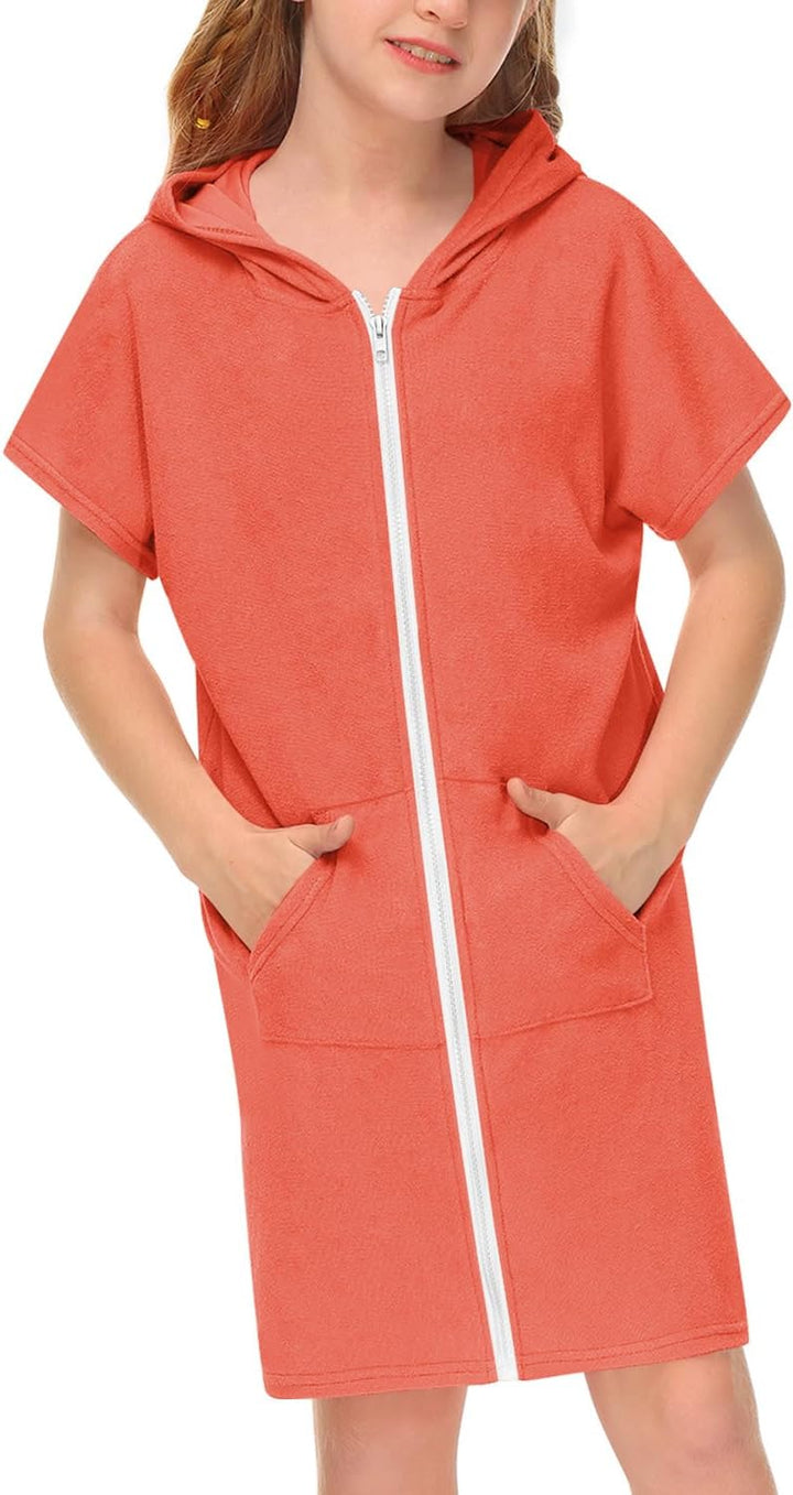 BesserBay Mädchen Badeponcho Kapuze Poncho mit Taschen Zip Cover Up Kinder Unisex 120-160 130 Orange