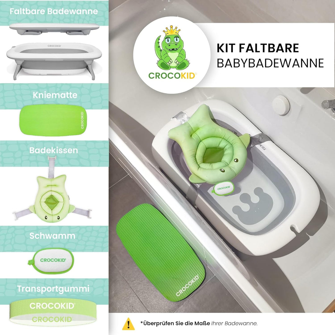 CROCOKID® Grosses Faltbares Baby-Badewannenset + 4 Unverzichtbare Zubehörteile – Tragbare XXL-Badewa