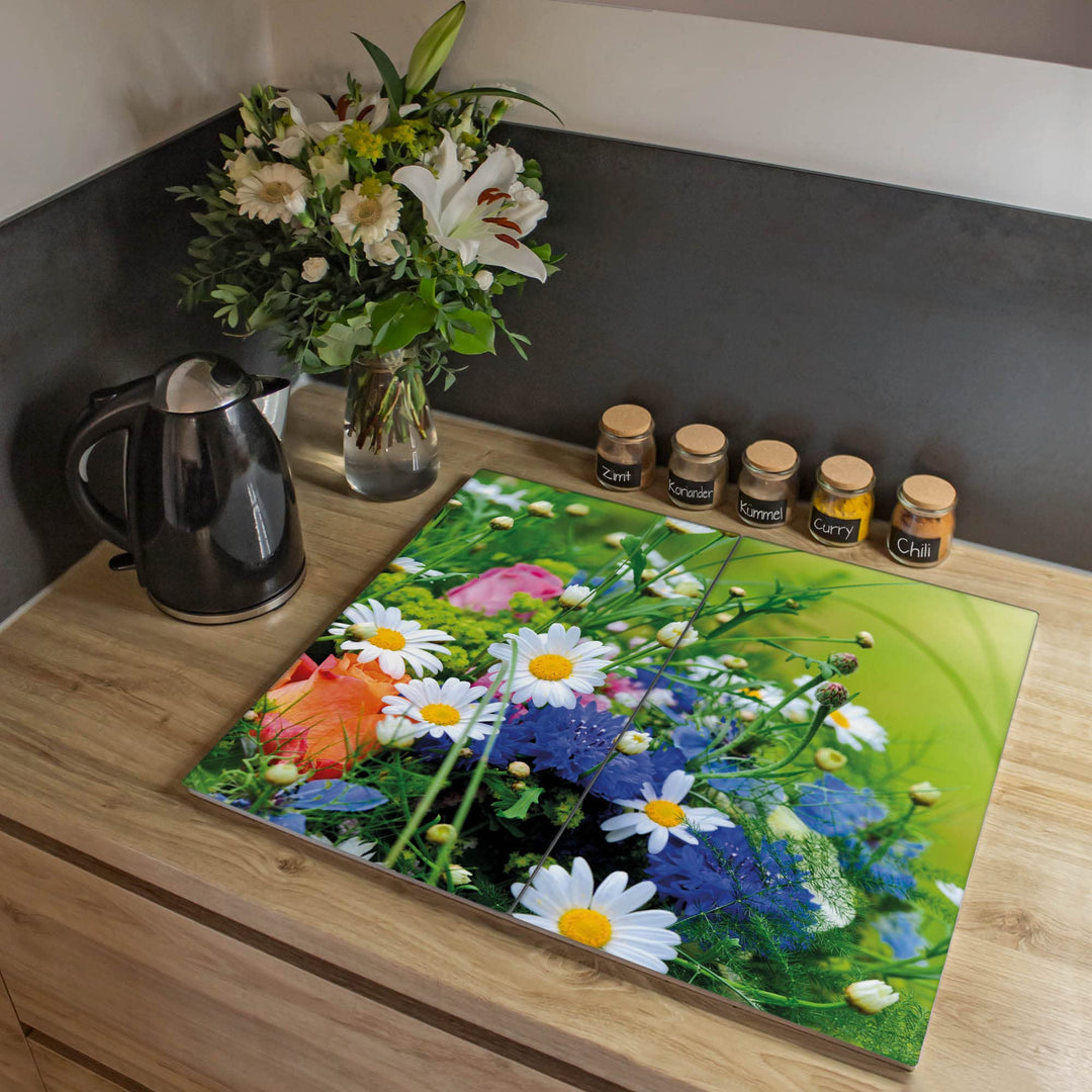 banjado® Herdabdeckplatte Glas 2-teilig je 30x52 cm/Schneidebrett Herdabdeckung mit Motiv Blumenstra