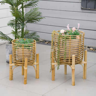 Outsunny Pflanzenständer 2er-Set Blumenständer aus Rattan Blumentopf Blumenhocker für Künstliche Blu