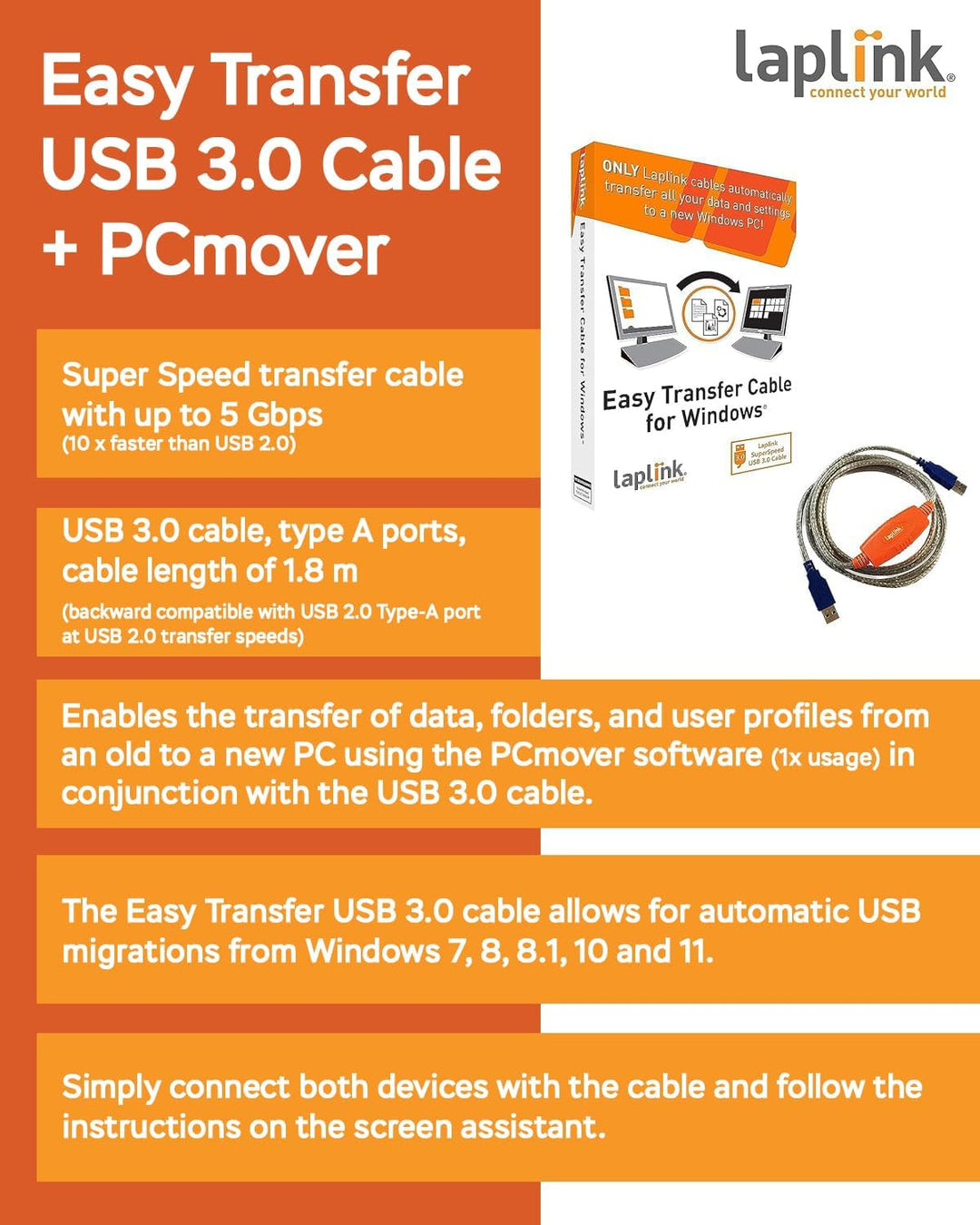 LAPLINK Easy Transfer USB 3.0 Super Speed Kabel & PCmover – 5 Gbps USB Transferkabel inkl. Software