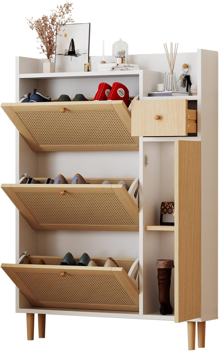 BTM Schuhschrank, Rattan Holz Schuhkipper mit 3 Klappen & Schublade & Tür & Massivholzbeinen, 90x17x