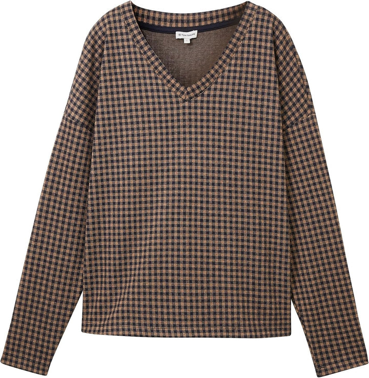 TOM TAILOR Damen Sweatshirt mit Knopfdetail & Karomuster XXS 32409-navy Blush Check Ck, XXS 32409-na