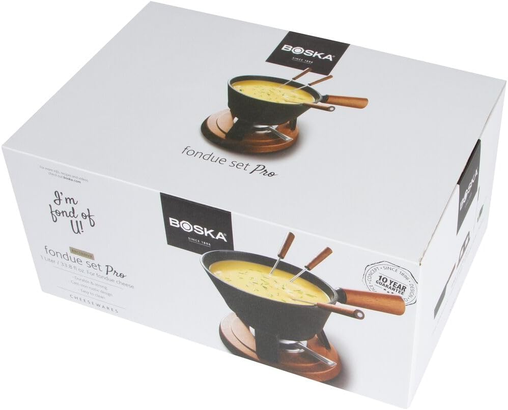 Boska Fondue-Set Pro, für 1 Liter Fonduekäse, 310x212x170 mm Schwarzes Gusseisen mit Holzsockel, Sch