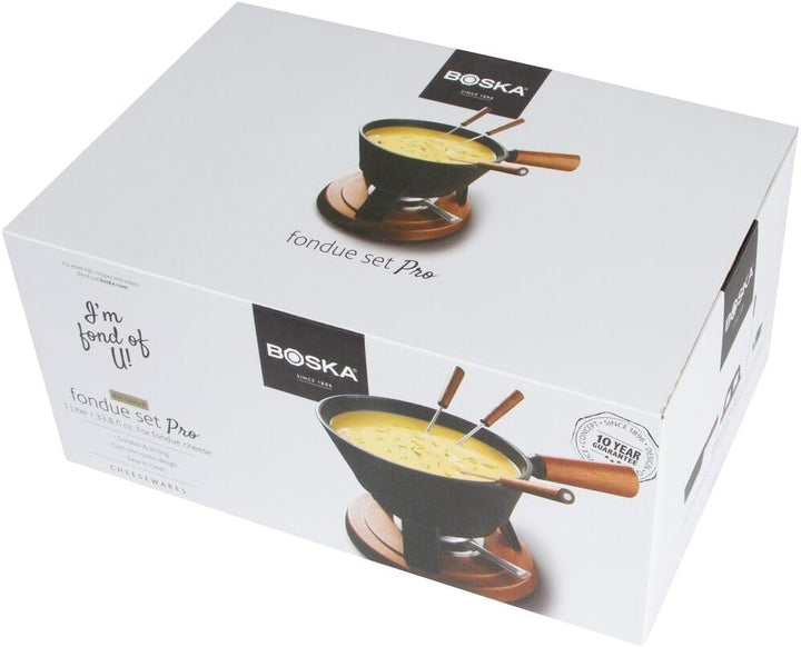 Boska Fondue-Set Pro, für 1 Liter Fonduekäse, 310x212x170 mm Schwarzes Gusseisen mit Holzsockel, Sch