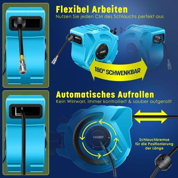 MASKO® 20m Druckluftschlauch Aufroller automatisch 1/4" Anschluss - Schlauchtrommel Wandschlauchhalt