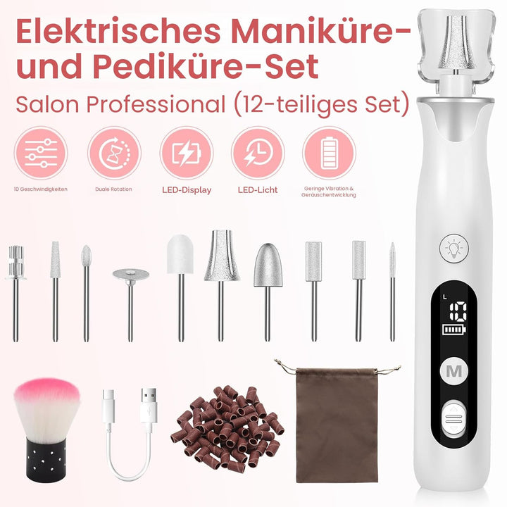 Maniküre/Pedikure Set elektrisch, Nagelfelile, Nagelfraser und Hornhautentfemer mit 10 Aufsatze zur