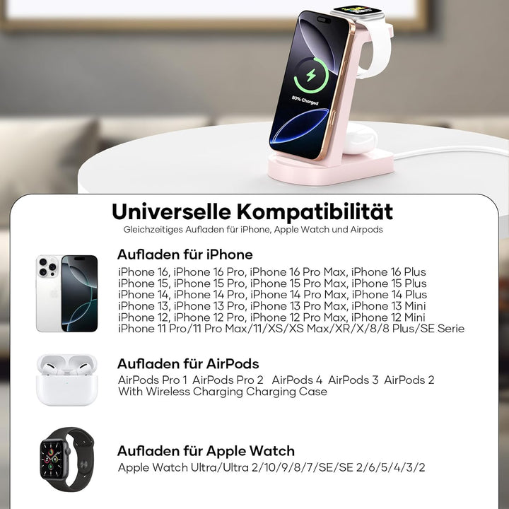 Kabellose Ladestation,3 in 1 Ladestation Kabelloses Ladegerät(Mit 18W Adapter) Wireless Charger komp