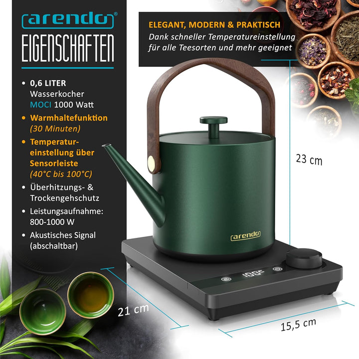 Arendo - Edelstahl Wasserkocher mit Temperatureinstellung 40-100 Grad - digitale Basis - 0,6 Liter -