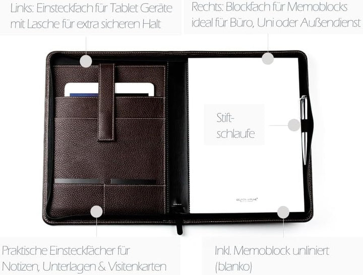 DELMON VARONE - Personalisierbare Tablet Schreibmappe DIN A4 aus Premium Soft Grain Leder braun - Or