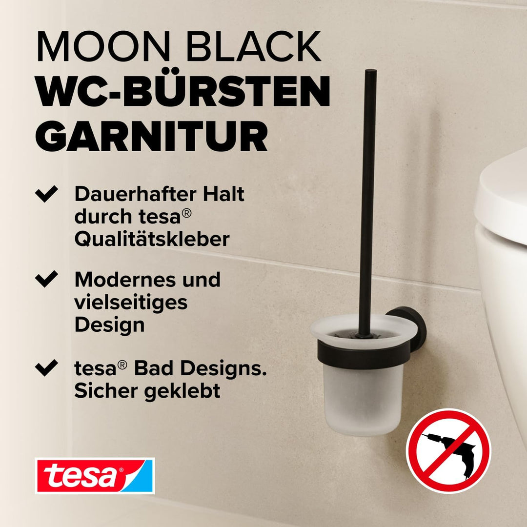 tesa MOON BLACK WC-Garnitur, Set mit Halter &amp; WC-Bürste, matt schwarz, satiniertes Glas - für Bäder