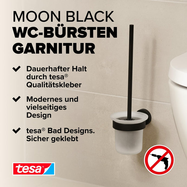 tesa MOON BLACK WC-Garnitur, Set mit Halter &amp; WC-Bürste, matt schwarz, satiniertes Glas - für Bäder