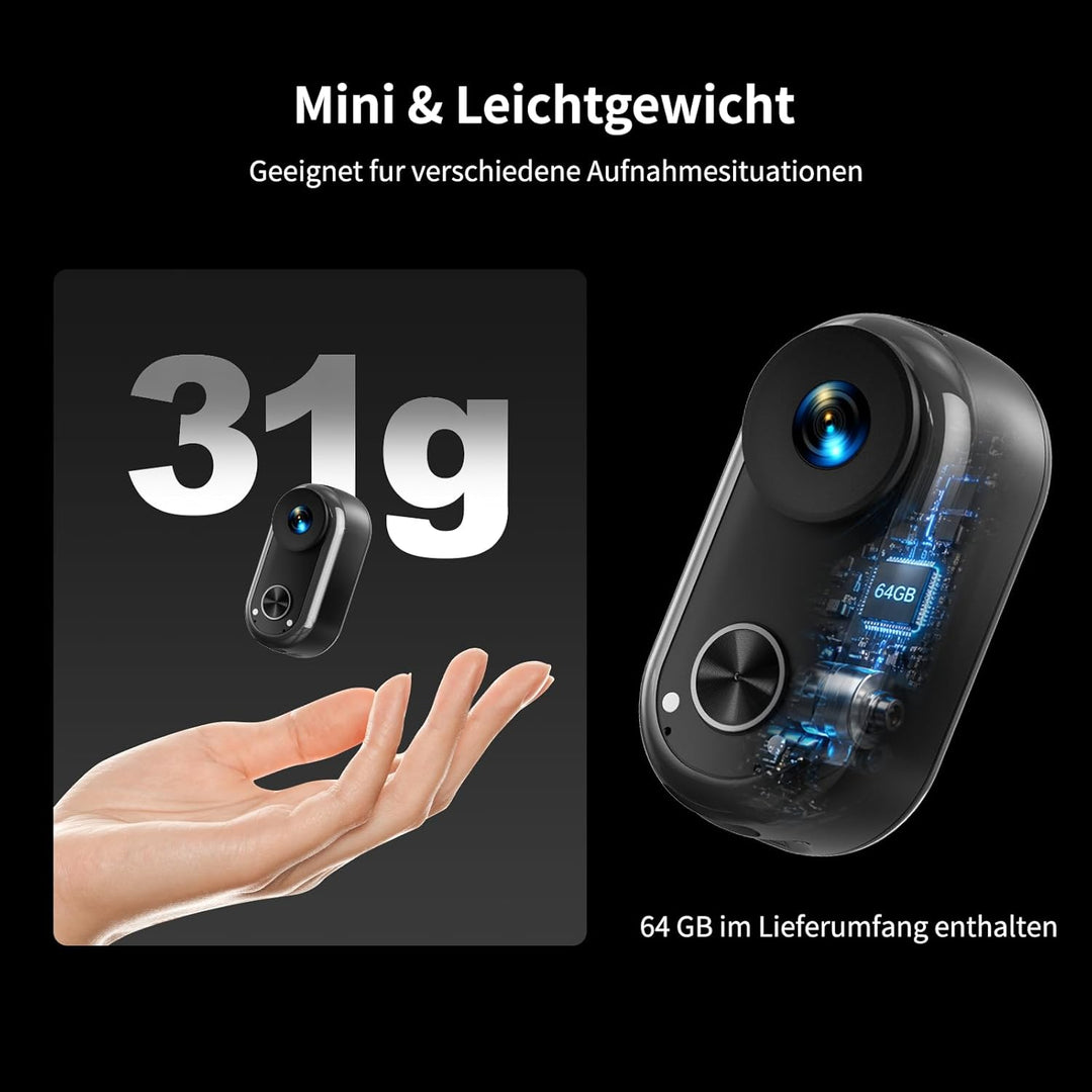 4K Mini Körperkamera Bodycam Vlog Kamera, WiFi Mini Action Cam POV-Aufnahme, 30M Unterwasserkamera,