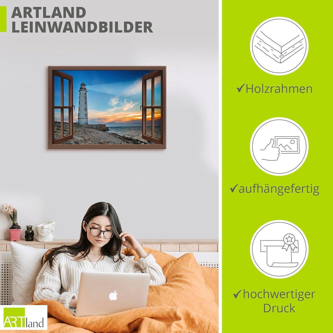 ARTland Leinwandbilder Wandbild Bild Leinwand 100x70 cm Strand Meer Leuchtturm Küste Sonnenuntergang