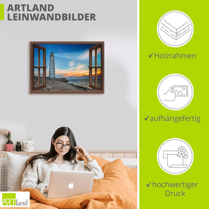ARTland Leinwandbilder Wandbild Bild Leinwand 100x70 cm Strand Meer Leuchtturm Küste Sonnenuntergang