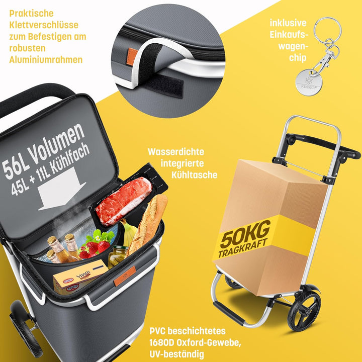 KESSER® Einkaufstrolley klappbar mit 56L Kapazität und belastbar bis 50kg | 3in1 Trolley Sackkarre &amp;