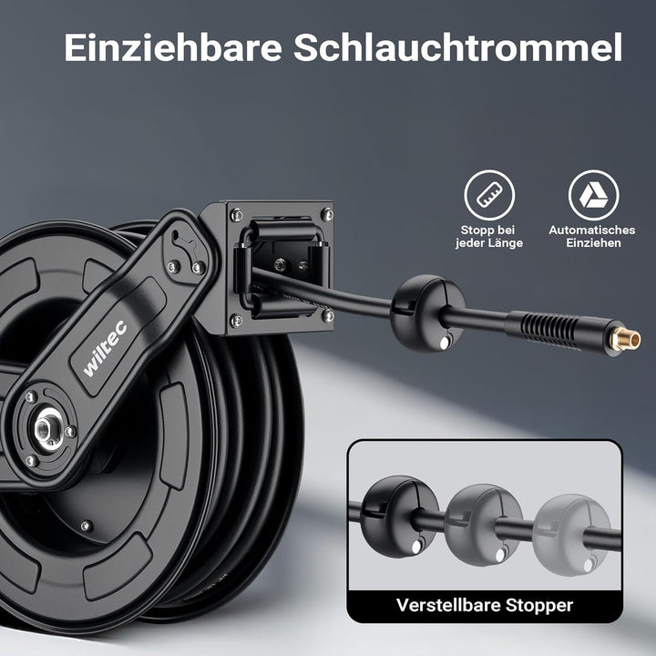 Wiltec Druckluft Schlauchtrommel 20 m, automatische Druckluftschlauchtrommel Stahl, 20 bar Druckluft