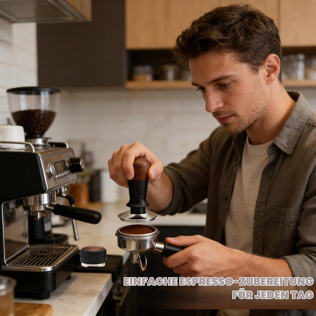 Kaffeetamper Set 58mm Edelstahl mit Echtholz-Griff - Profi Espresso Tamper &amp; Höhenverstellbarer Kaff