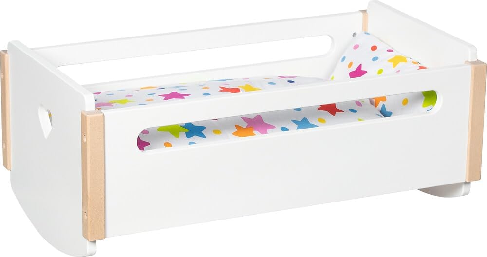 goki 51432 - Puppenwiege Herz, 52,2 x 30,3 x 22 cm, weiss &amp; Natur, Holz-Puppenbett mit Schaukelkufen