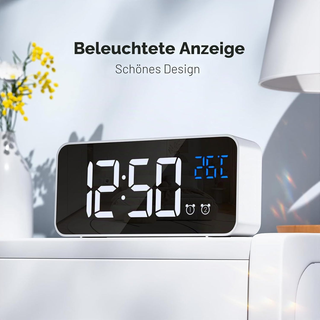 Wecker Digital, LED Digitaluhr mit Temperaturanzeige Tragbarer Spiegelalarm Tischuhr mit 2 Alarmen 1