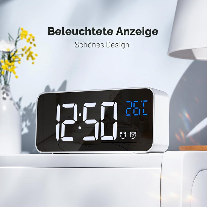 Wecker Digital, LED Digitaluhr mit Temperaturanzeige Tragbarer Spiegelalarm Tischuhr mit 2 Alarmen 1