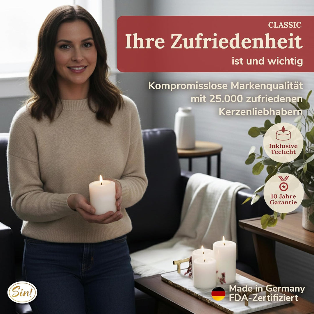 Sin! 4er Set Teelichthalter Classic warmweiss - ∅ 8 cm - Höhen 9/12/15/18 cm, Dauerkerze mit Teelich