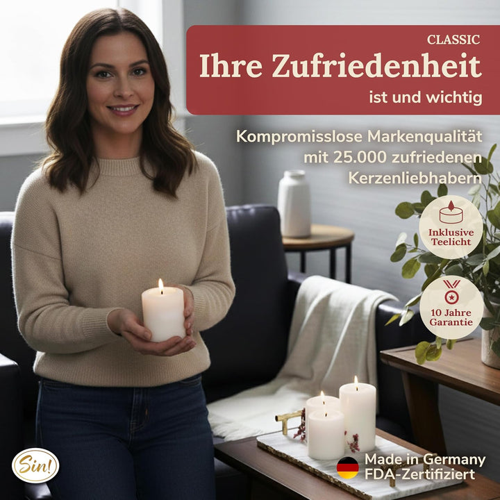 Sin! Teelichthalter Classic warmweiss - ∅ 10cm, Höhe 18cm. Die Kerze die Nicht schmilzt! - Dauerkerz