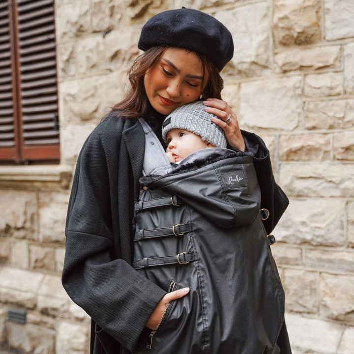 ROOKIE Babytragen Wintercover (Black) - Grösse 56-96 - Weiches Kunstfell als Innenfutter - Wind & Wa
