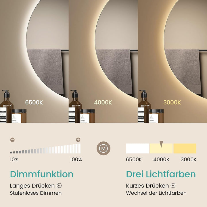 EMKE Runder LED Badspiegel mit Beleuchtung – Badezimmerspiegel 80 cm, 3 Lichtfarben (Warmweiss/Neutr