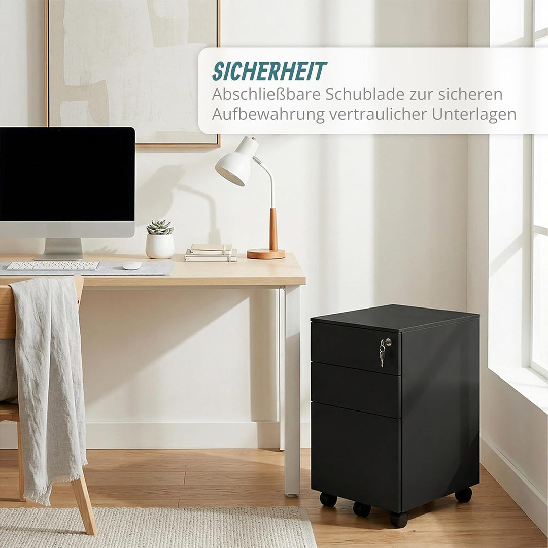 Relaxdays Rollcontainer, 3 Schubladen, HxBxT: 60 x 39 x 52 cm, abschliessbar, Aktenschrank auf Rolle