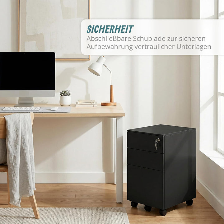 Relaxdays Rollcontainer, 3 Schubladen, HxBxT: 60 x 39 x 52 cm, abschliessbar, Aktenschrank auf Rolle