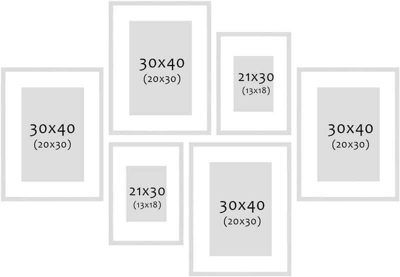 PHOTOLINI 6er Set Holzrahmen Eiche aus Massivholz Schmal 21x30 cm/DIN A4 und 30x40 cm mit Passeparto