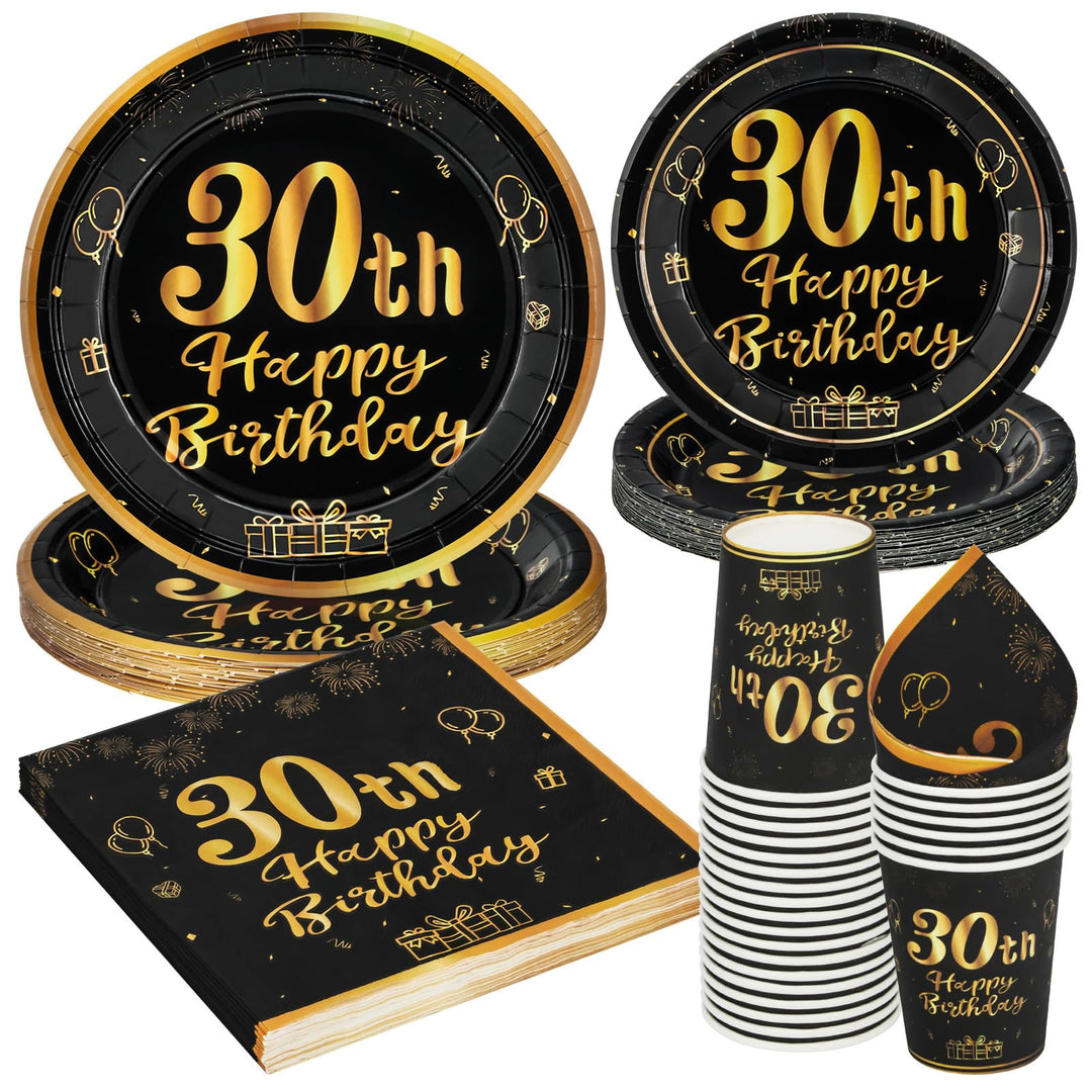 96 Stück Schwarz und Gold Geburtstag Party Geschirr Set, 30th Schwarz und Gold Geburtstag Party Gesc