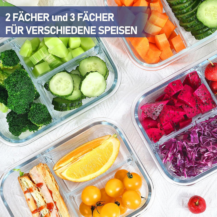 Glasbehälter mit Deckel Meal Prep Boxen Glas 2&3 Fächer (4Stück, 1040ml) Frischhaltedosen mit Deckel